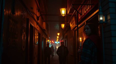 A rich deep teal and warm candlelight atmosphere bathes a grungy city alley populated by rebellious teens. The flickering fla