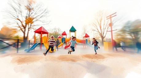 This collection features delicate watercolor paintings depicting a dramatic slow-motion run through a playground. The artwork