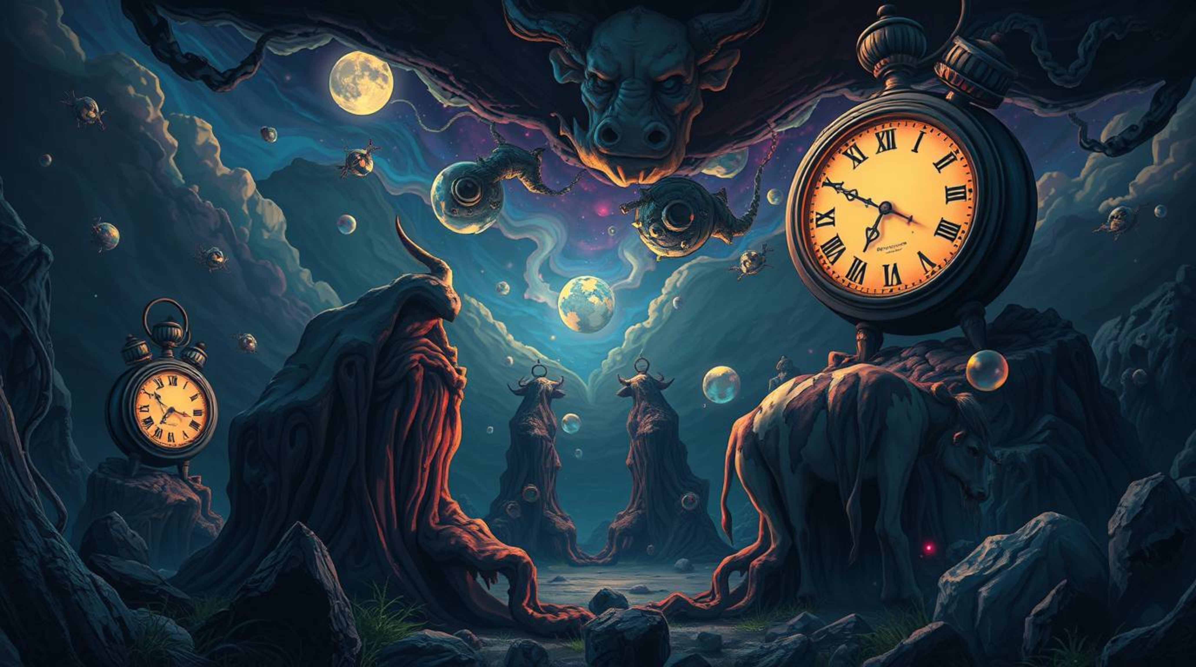 Dive into a captivating surreal dreamscape, Isekai anime style, featuring melting clocks, floating cows, and unsettling detai