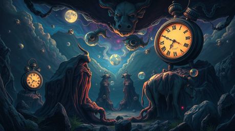 Dive into a captivating surreal dreamscape, Isekai anime style, featuring melting clocks, floating cows, and unsettling detai