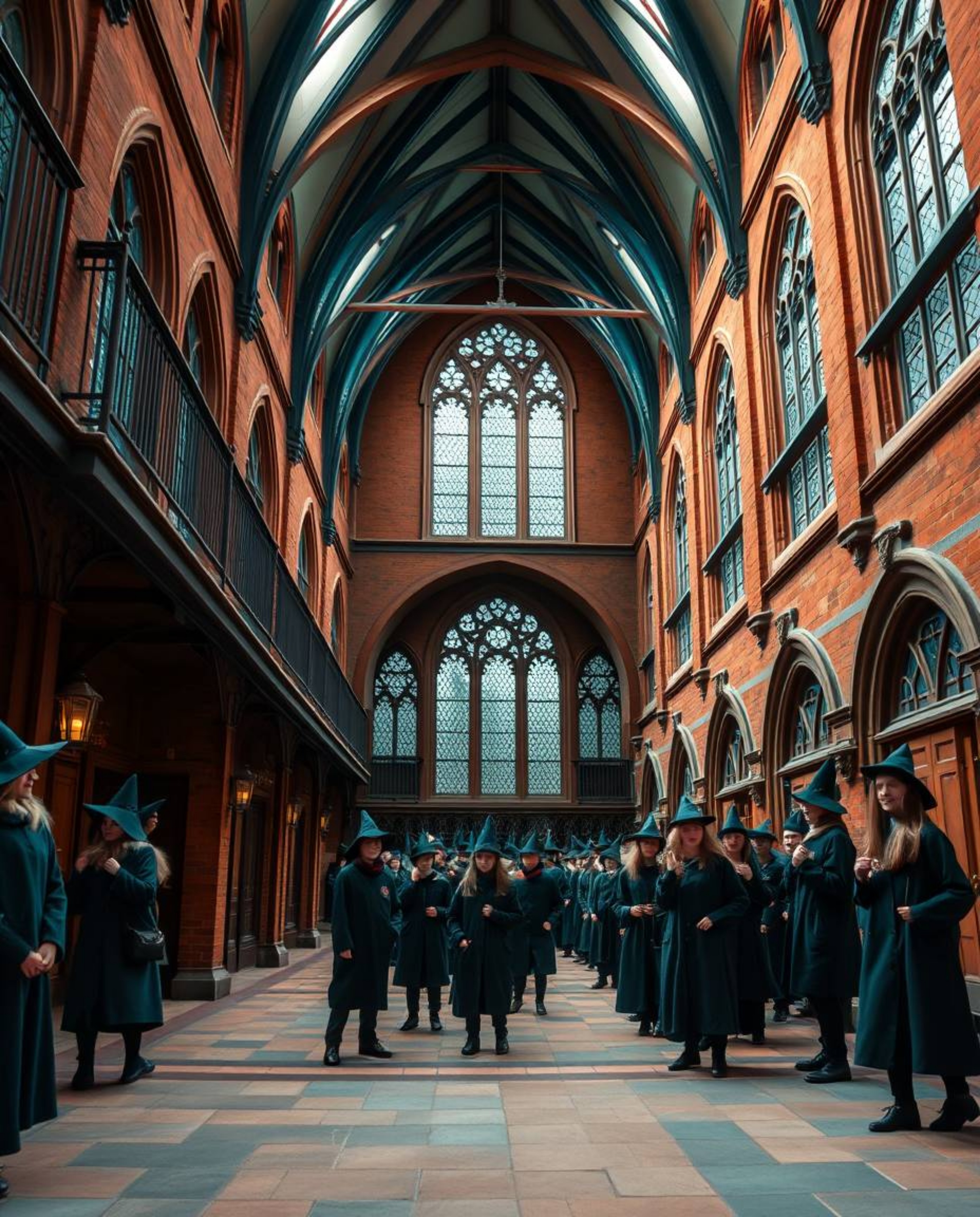 Stunning architectural photography showcasing a magical school brimming with young wizards.  The images feature a captivating