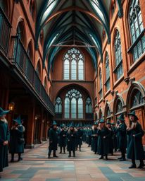 Stunning architectural photography showcasing a magical school brimming with young wizards.  The images feature a captivating
