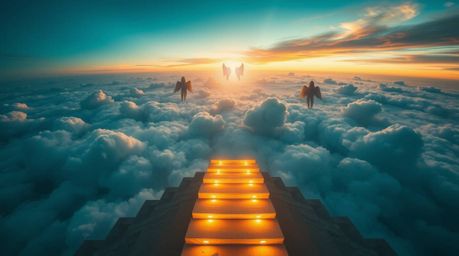 This stunning light art photograph captures a bird's-eye view of illuminated steps ascending into a cloudy sky, creating a dr