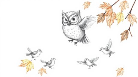 A hand-drawn sketch in Pixar style depicts a wise, blind owl with soft, downy feathers guiding several birds in a gentle, spi