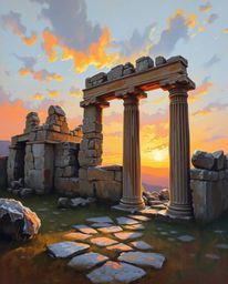 Experience ancient stone ruins at sunset, masterfully captured in a classic oil painting. This artwork is defined by its rich