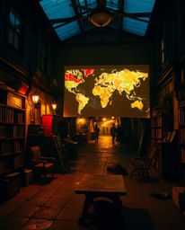 A captivating street photography image reveals a glowing map projected in the air within a cozy old study.  The map showcases
