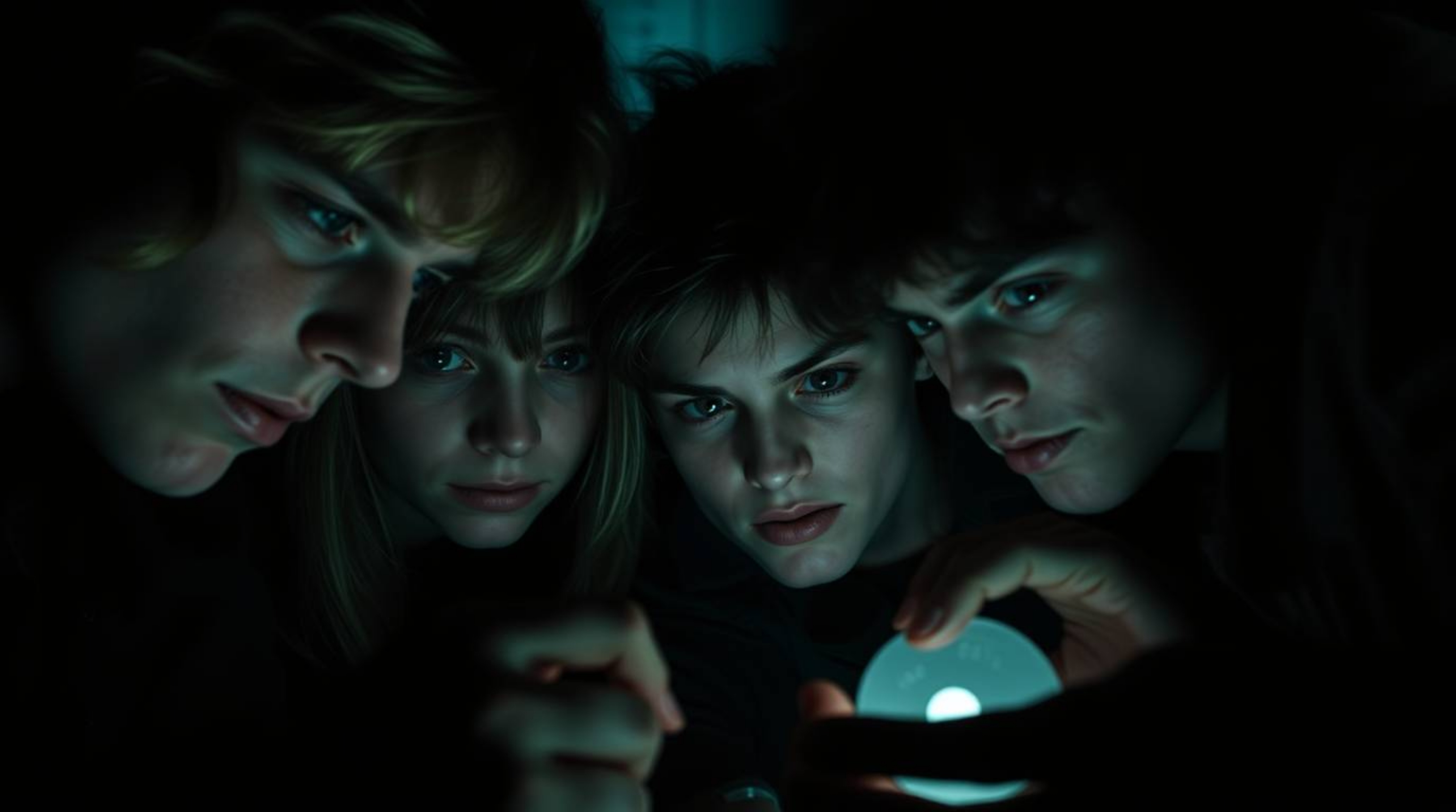 A gripping close-up reveals a group of teenagers unraveling mysteries within a chilling, jet-black haunted mansion.  Rendered