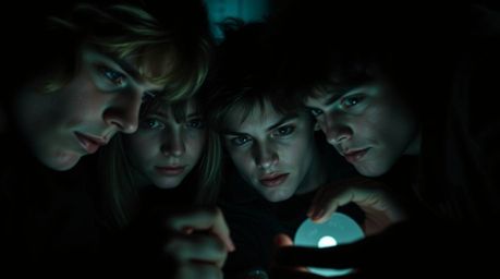 A gripping close-up reveals a group of teenagers unraveling mysteries within a chilling, jet-black haunted mansion.  Rendered