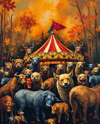 This bold acrylic painting depicts a carnival that has been wonderfully and playfully overrun by wild animals. Utilizing warm
