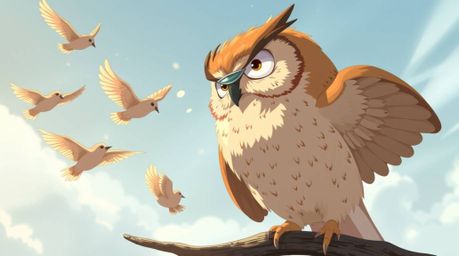 An inspiring Isekai anime-style illustration portrays a blind owl, rendered in Pixar's signature style, passionately teaching