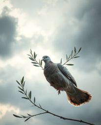 A captivating close-up image depicts a dove gracefully carrying an olive branch amidst a dramatic stormy sky.  Soft, gentle l