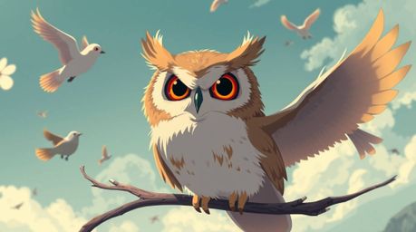 An emotionally charged, Isekai anime-style illustration depicts a blind owl, rendered in a Pixar-esque aesthetic with oversiz