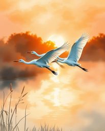 A delicate watercolor painting of herons flying during the golden hour in the wetlands. This artwork is bathed in a warm gold