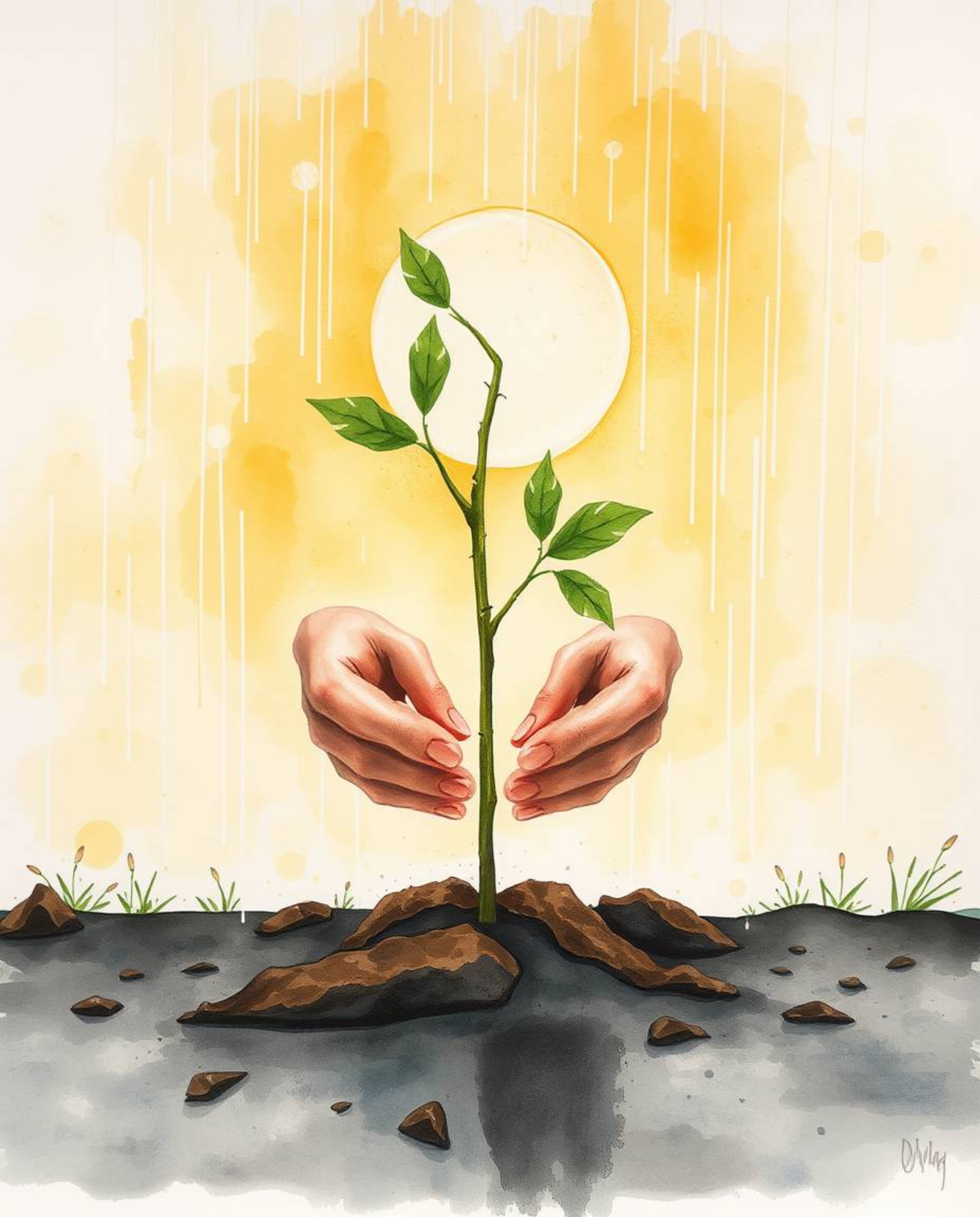 This delicate watercolor painting captures a poignant scene of hands carefully planting a tree beneath a radiant golden sky, 