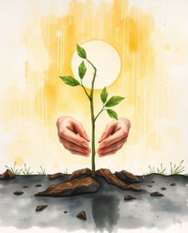 This delicate watercolor painting captures a poignant scene of hands carefully planting a tree beneath a radiant golden sky, 