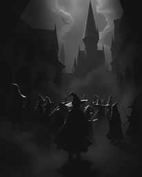 Explore a magical school brimming with young wizards, depicted in a striking jet black minimalist style. This artwork emphasi
