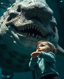 A captivating image depicts a majestic sea creature and a small child sharing a magical moment. The dramatic lighting and lo