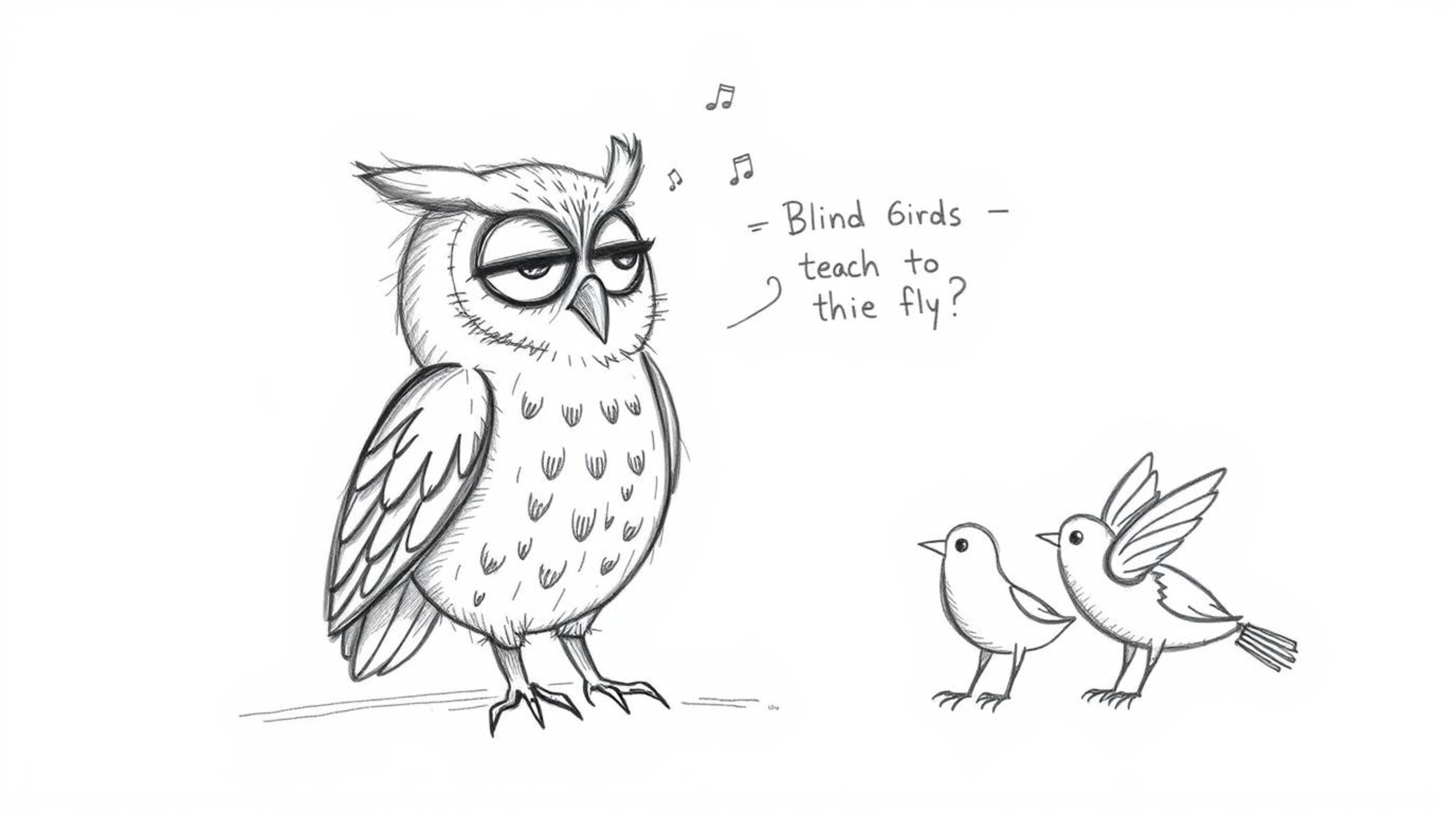A heartwarming hand-drawn sketch in the style of Pixar depicts a blind owl with textured pencil strokes, guiding birds in the