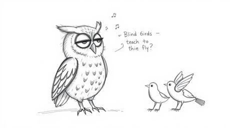A heartwarming hand-drawn sketch in the style of Pixar depicts a blind owl with textured pencil strokes, guiding birds in the