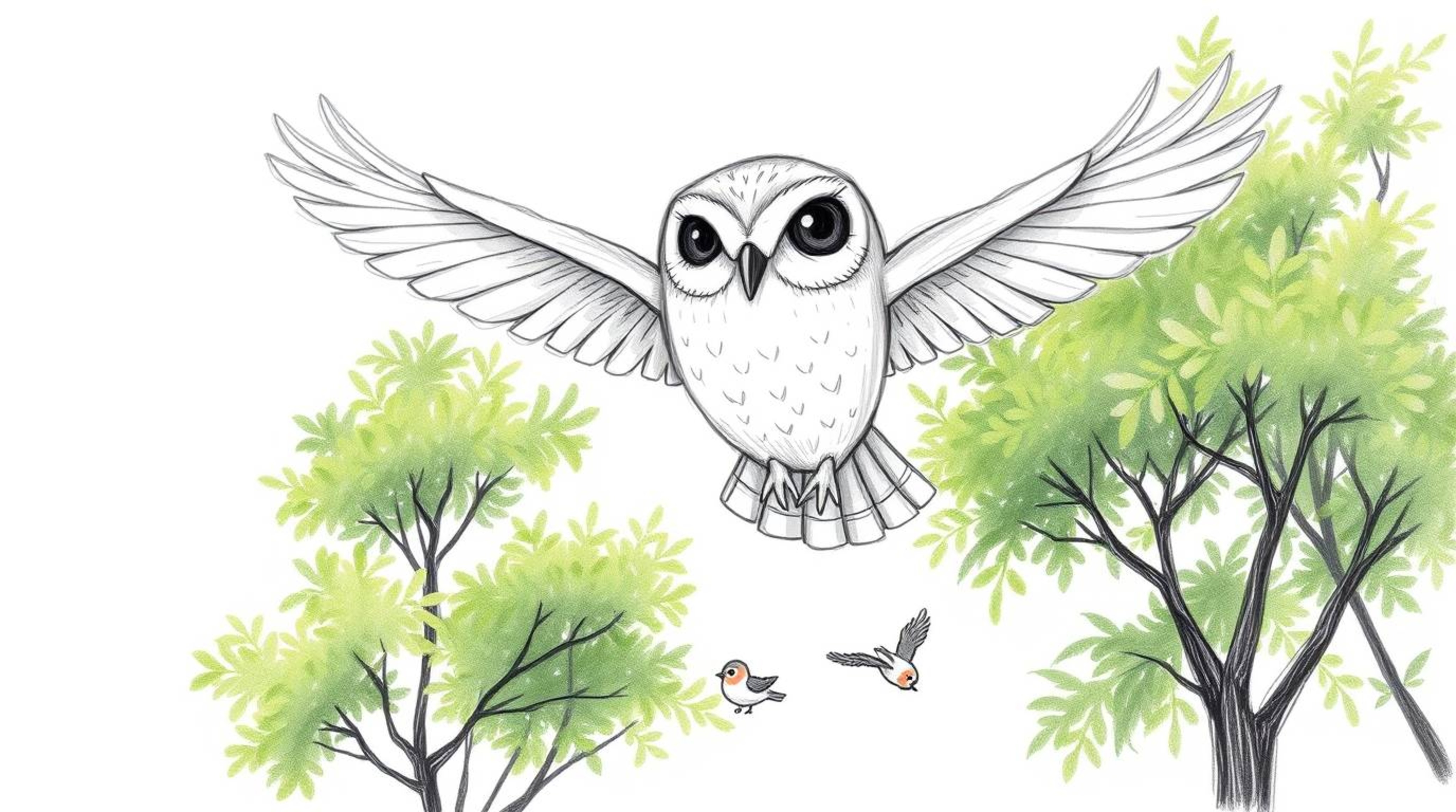 A captivating hand-drawn sketch in the style of Pixar, depicting a blind owl gliding gracefully through lush green trees.  So