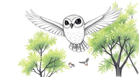 A captivating hand-drawn sketch in the style of Pixar, depicting a blind owl gliding gracefully through lush green trees.  So