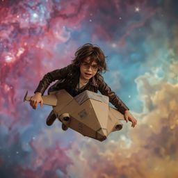 Experience the whimsical adventure of a young boy with messy brown hair and bright, curious eyes as he pilots his remarkably 