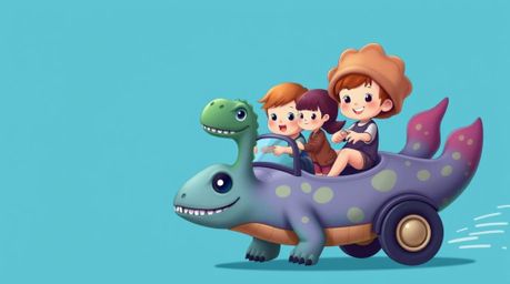 An adorable prehistoric family with charming, childlike features enjoys a whimsical ride in their dinosaur car.  This captiva