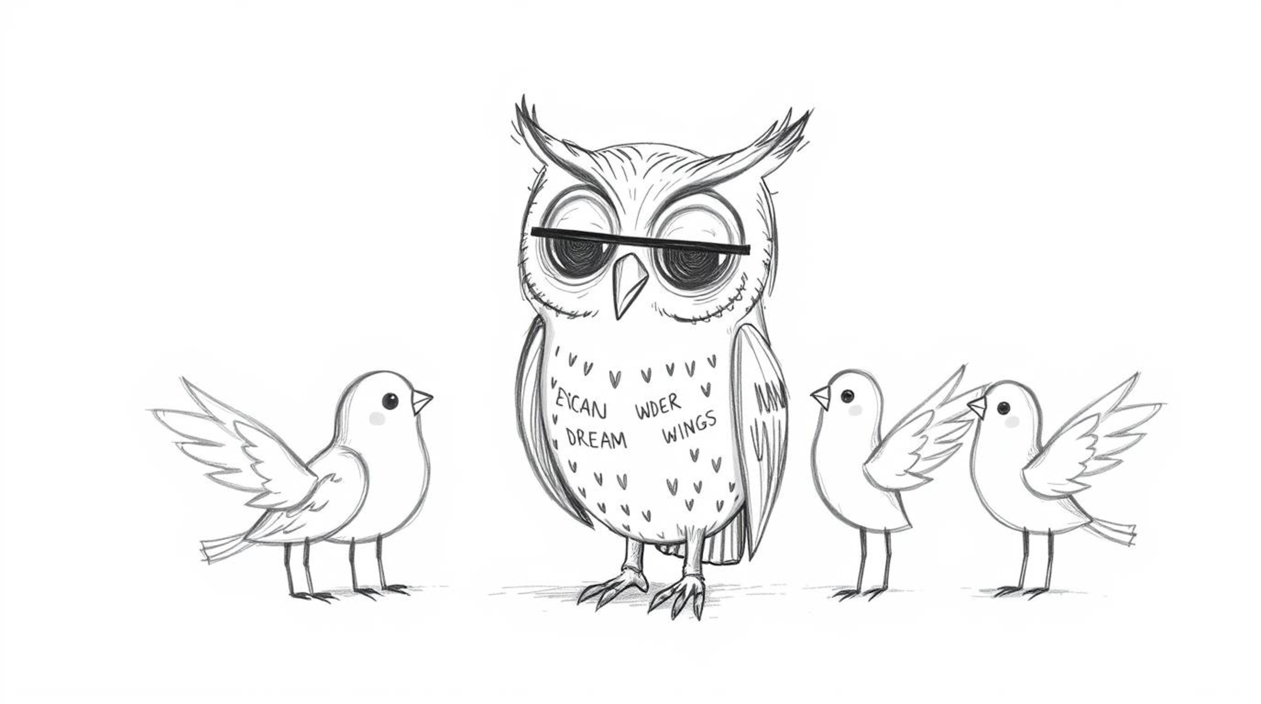 A whimsical hand-drawn sketch depicts a blind owl in Pixar's expressive style, guiding a group of birds. These birds are busi