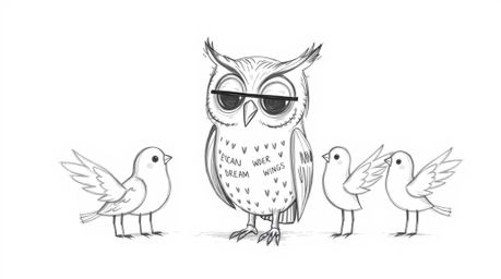A whimsical hand-drawn sketch depicts a blind owl in Pixar's expressive style, guiding a group of birds. These birds are busi