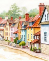 A captivating watercolor painting depicting a sleepy town with charming pastel-colored houses, rendered with a unique cast br