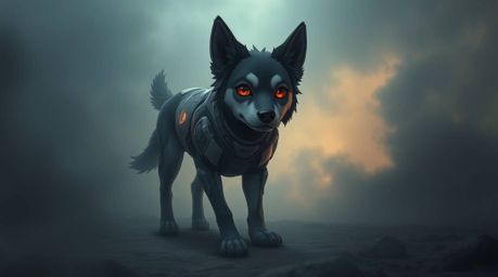 A futuristic dog with expressive eyes and metallic fur navigates a dense, foggy space depicted in the style of Isekai anime. 