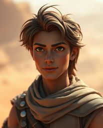 A graceful and elegant Disney hero embarks on a captivating desert adventure, depicted in a cinematic image with a soft focus