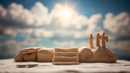 This captivating sculptural clay art depicts ethereal steps of light ascending into a cloudy sky, where angelic figures obser