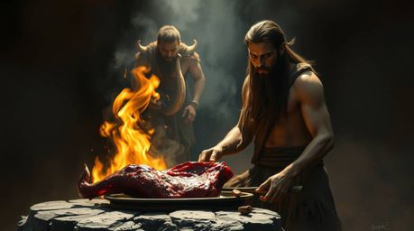 Experience a dramatic cinematic depiction of a caveman cooking mammoth meat in this digital painting. The artwork emphasizes 
