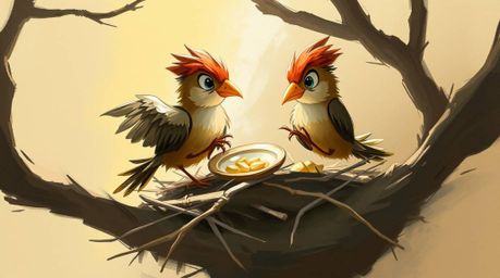 A dynamic digital sketch showcases two cartoon birds collaboratively building their nest, rendered in a classic animation sty