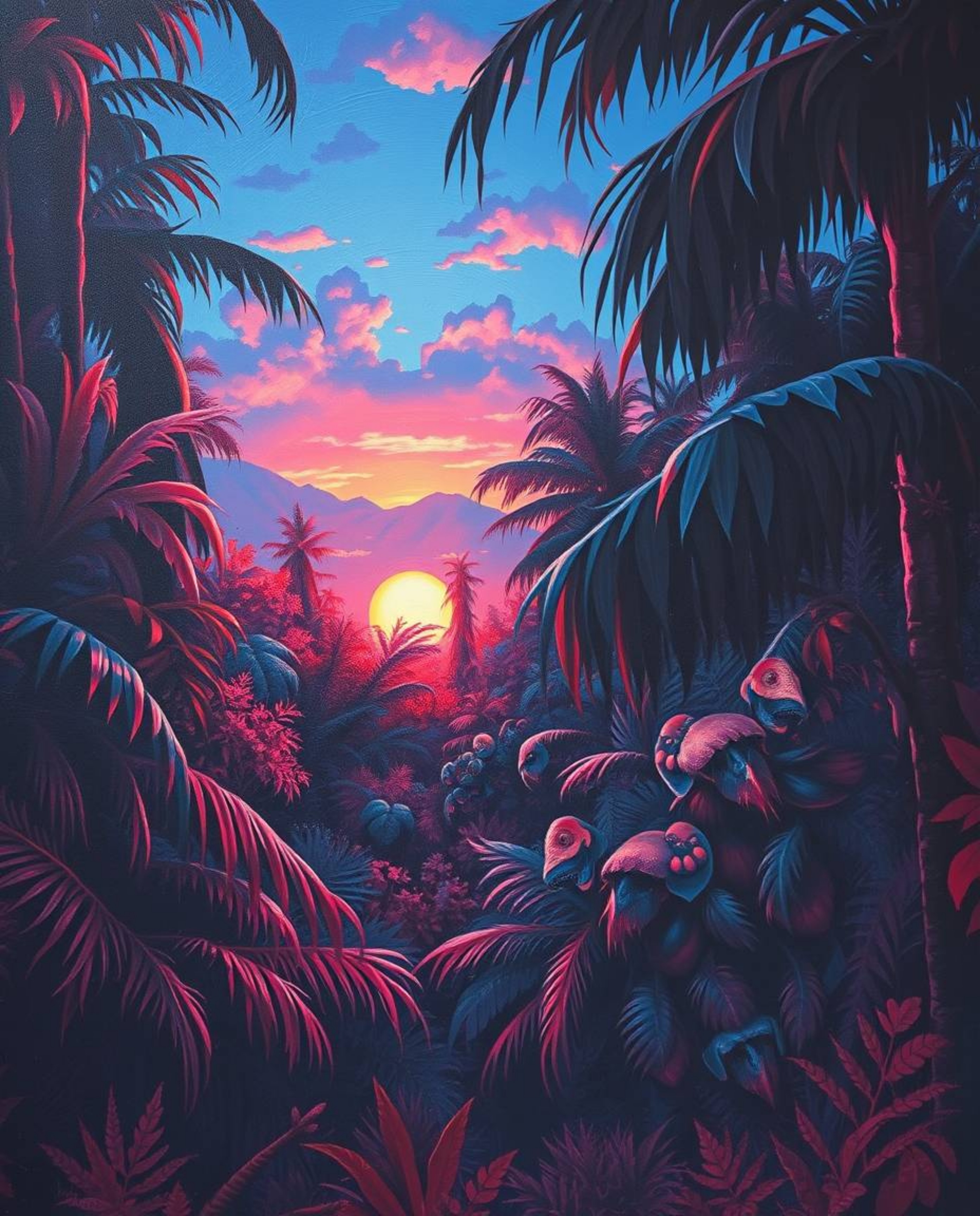 An oil painting in a surreal style depicts a sunset viewed through a dense jungle canopy, uniquely interpreted through an inf