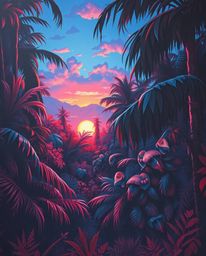 An oil painting in a surreal style depicts a sunset viewed through a dense jungle canopy, uniquely interpreted through an inf