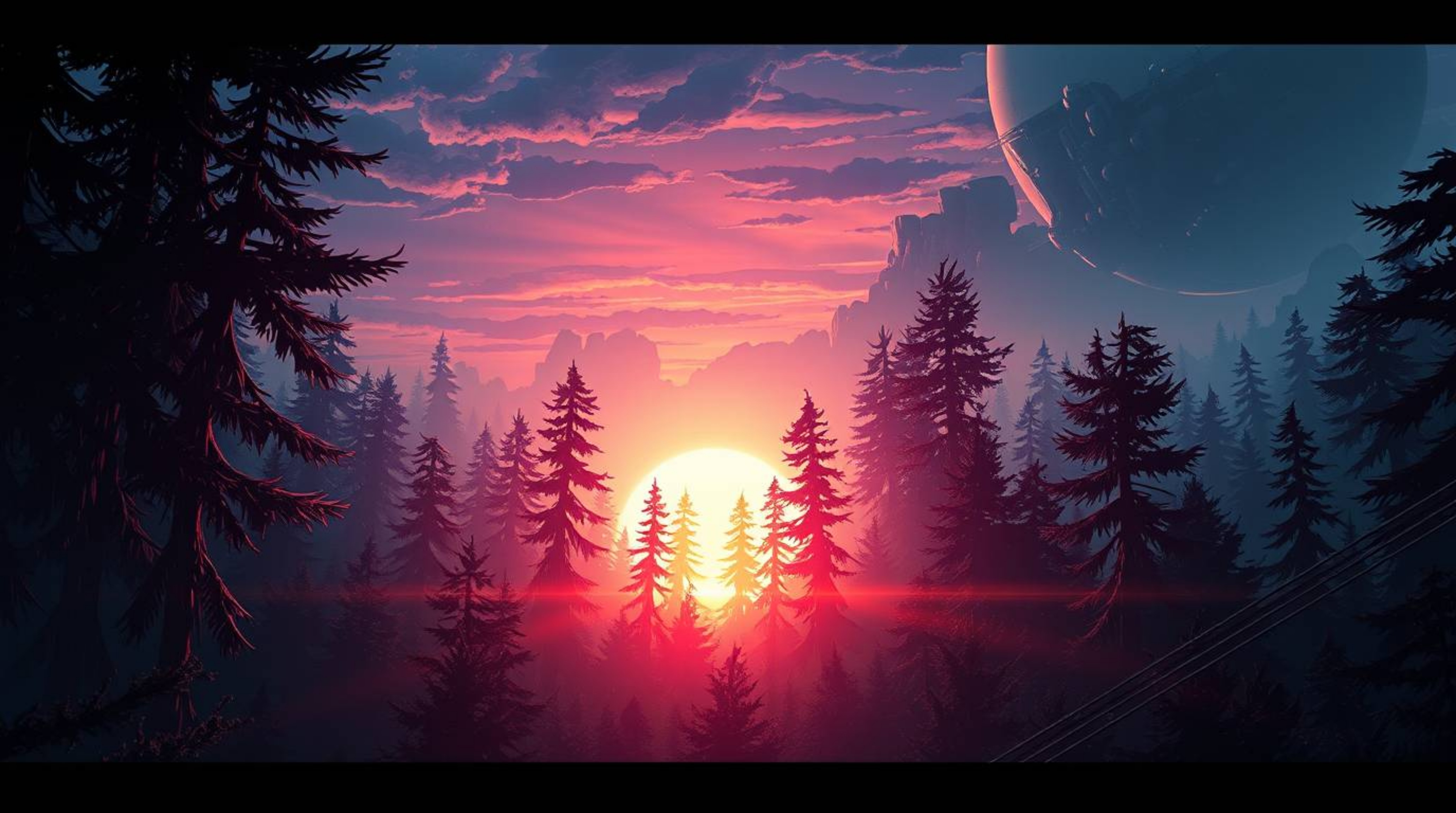 A captivating futuristic sci-fi illustration showcases a vibrant sunset piercing a dense forest.  Rendered in a striking hard