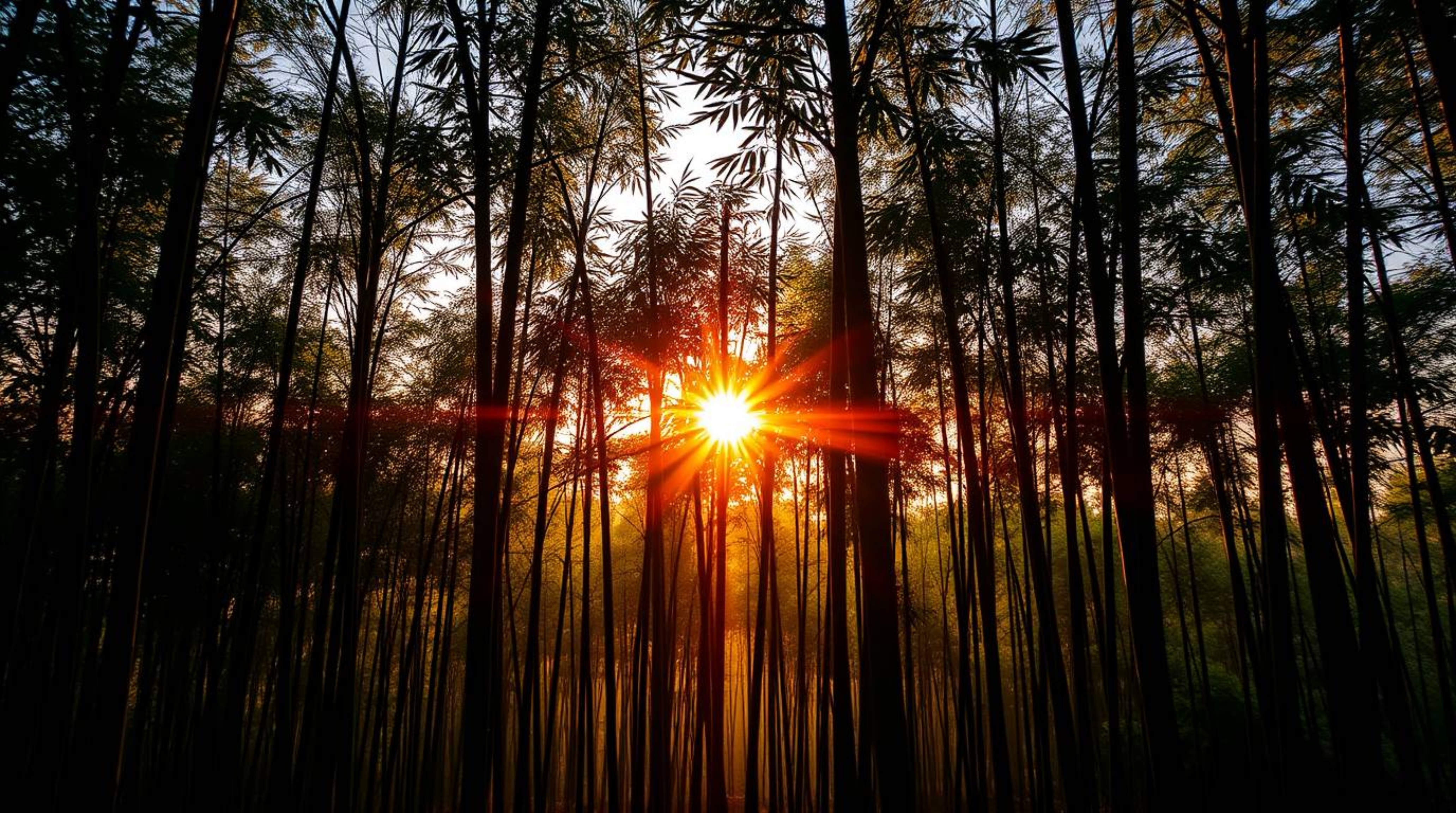 A captivating photograph of a bamboo forest at sunset, characterized by distinct, bold sections created by strong, hard light