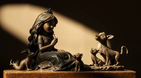 A captivating cast bronze sculpture depicting a princess singing joyfully with forest animals in a charming vintage 2D animat