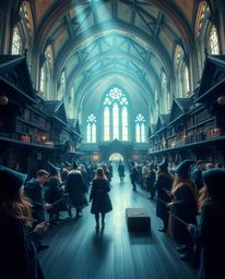 Explore a magical school brimming with young wizards, captured from a high-angle perspective. Immerse yourself in a mystic an