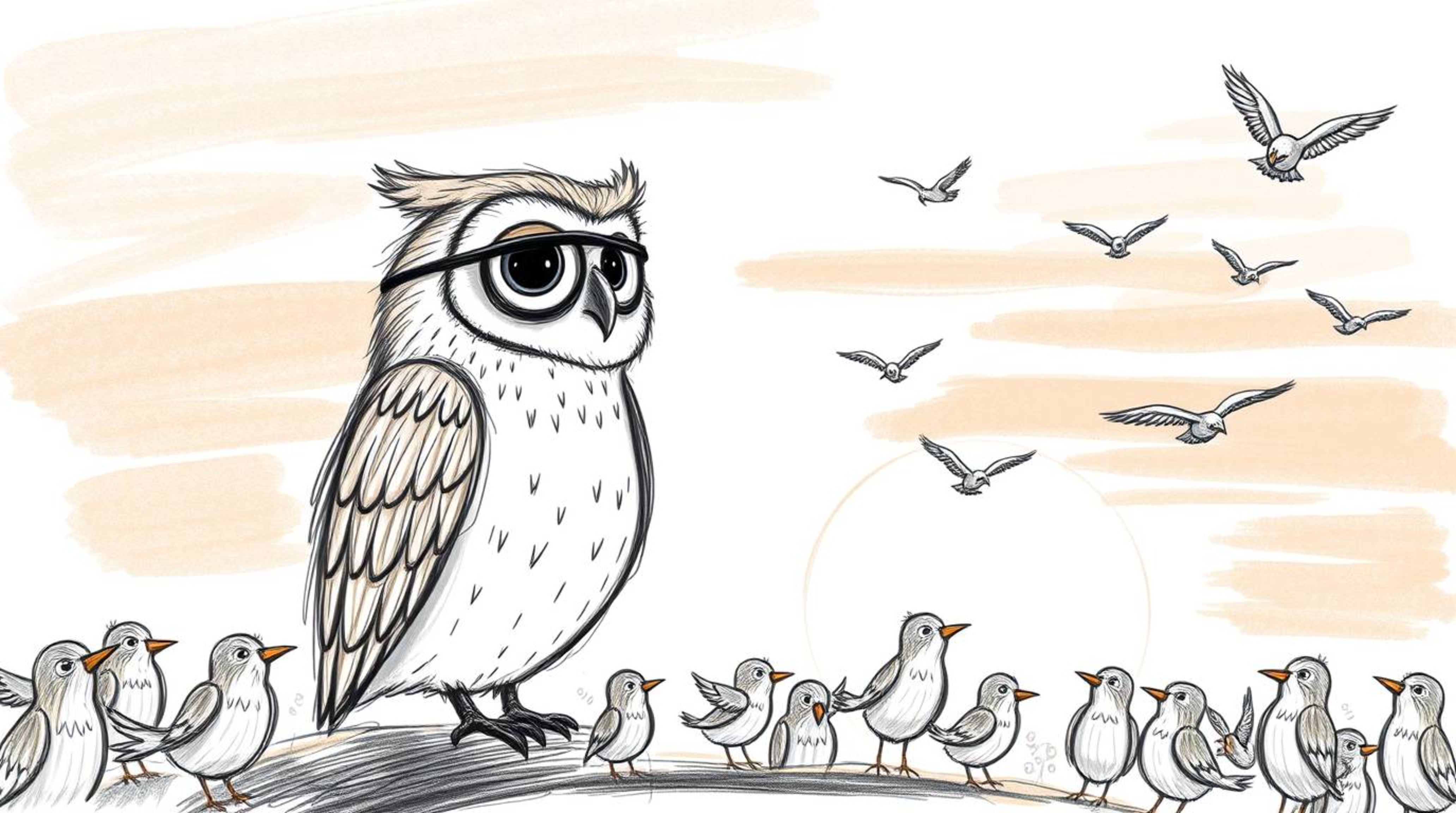 A charming hand-drawn sketch in the style of Pixar depicts a blind owl with gentle features teaching a classroom of flying bi