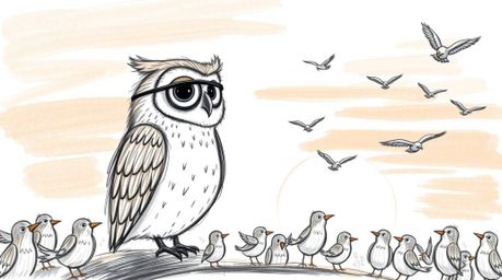 A charming hand-drawn sketch in the style of Pixar depicts a blind owl with gentle features teaching a classroom of flying bi
