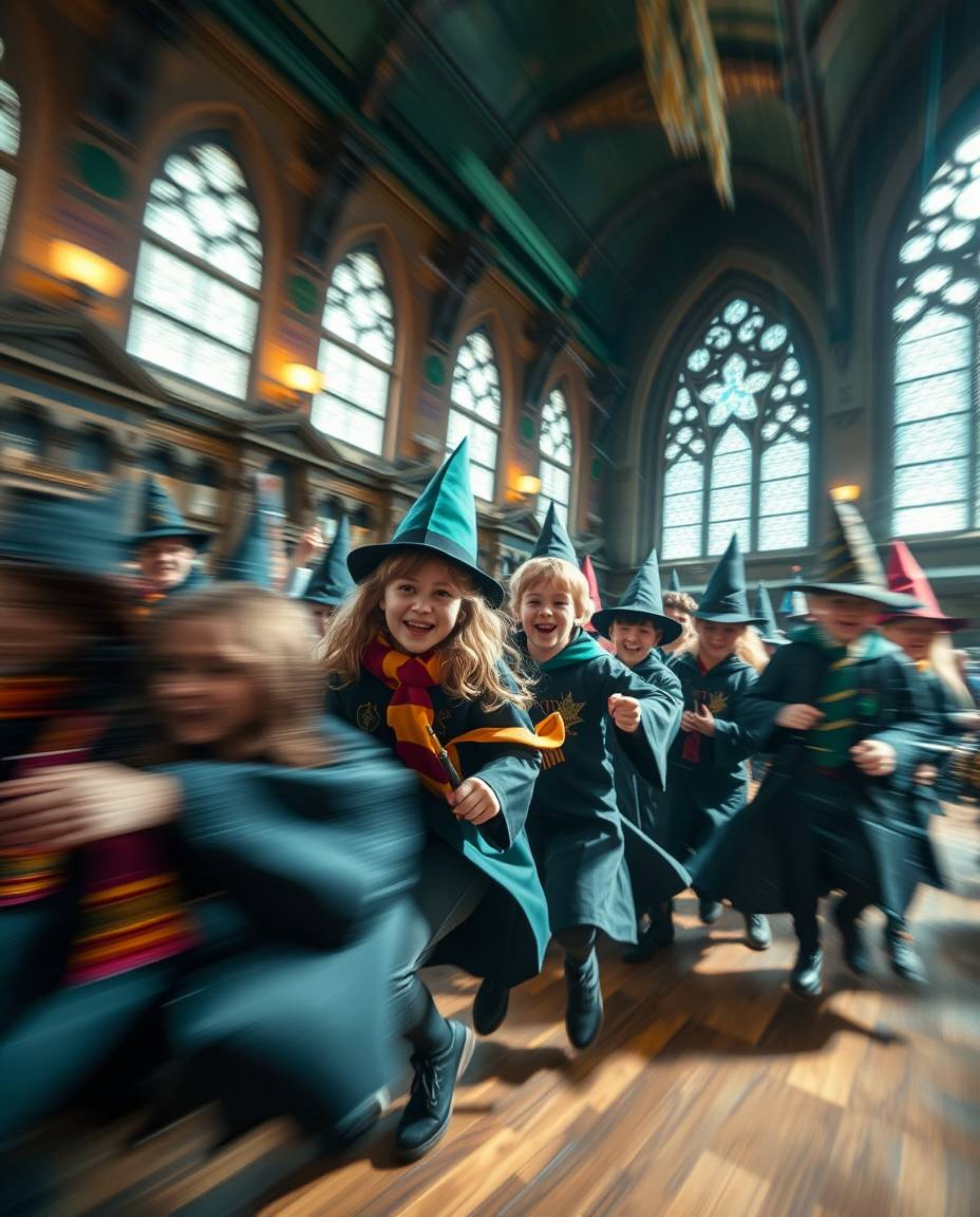 Immerse yourself in a magical school bustling with young wizards, captured in dynamic motion with blurred lines and striking 