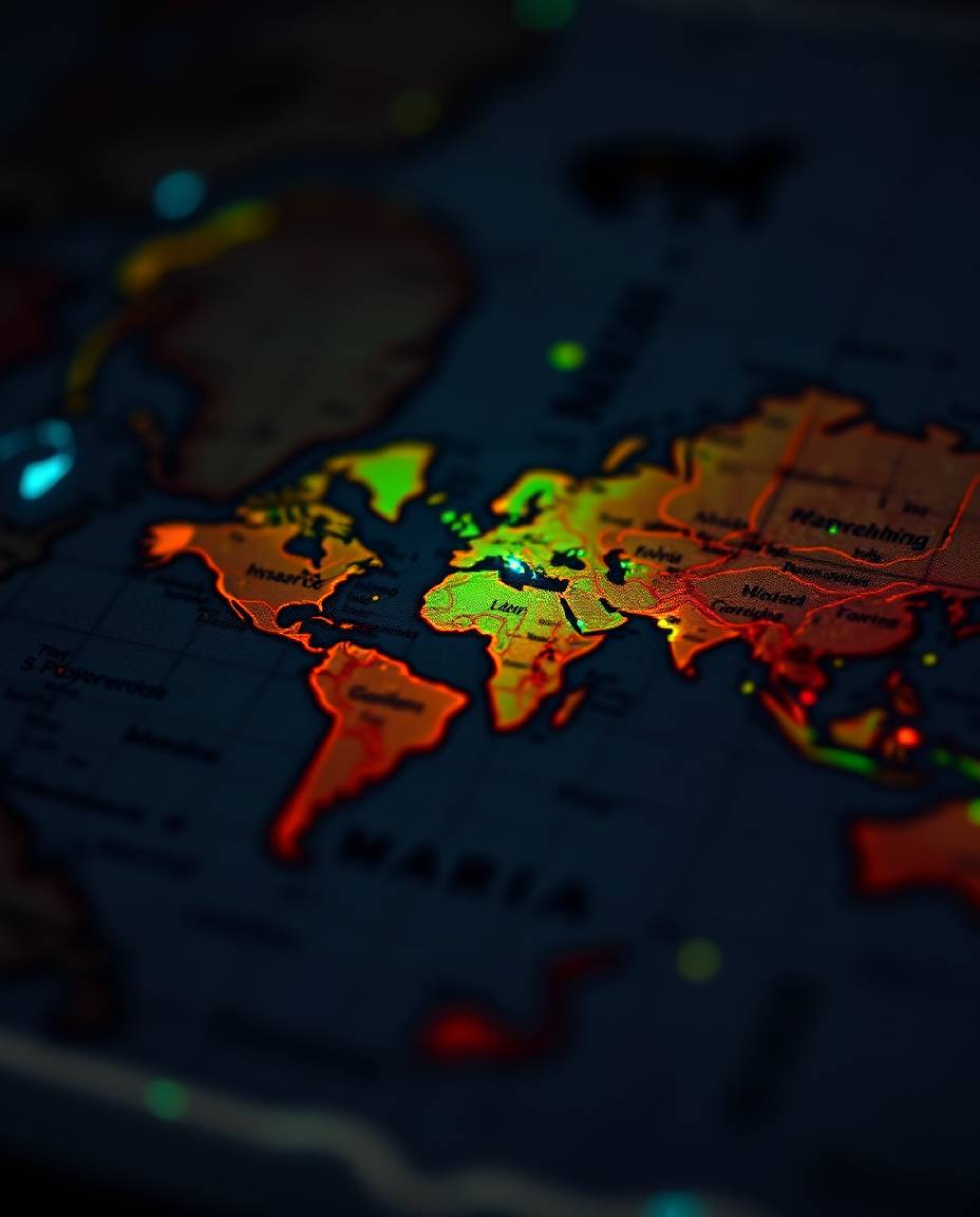 An extreme macro close-up photograph showcasing a mesmerizing, glowing bioluminescent map projection within an old study. The