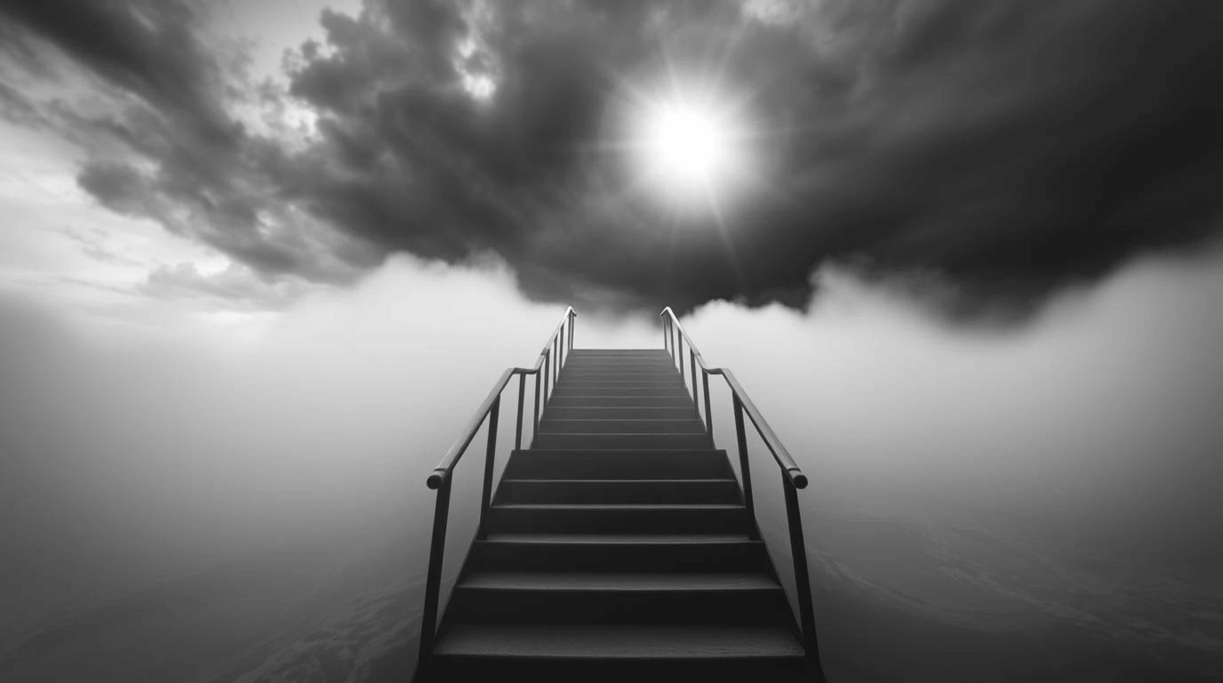 A dramatic black and white close-up depicts a staircase rising from the ocean into a stormy sky, illuminated by a divine sunb
