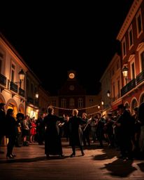 A captivating musical number unfolds in a vibrant town square, dramatically illuminated with intense jet black and high-contr