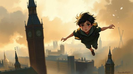 This captivating digital sketch portrays a young boy with fair skin and dark hair soaring above London, propelled by magical 