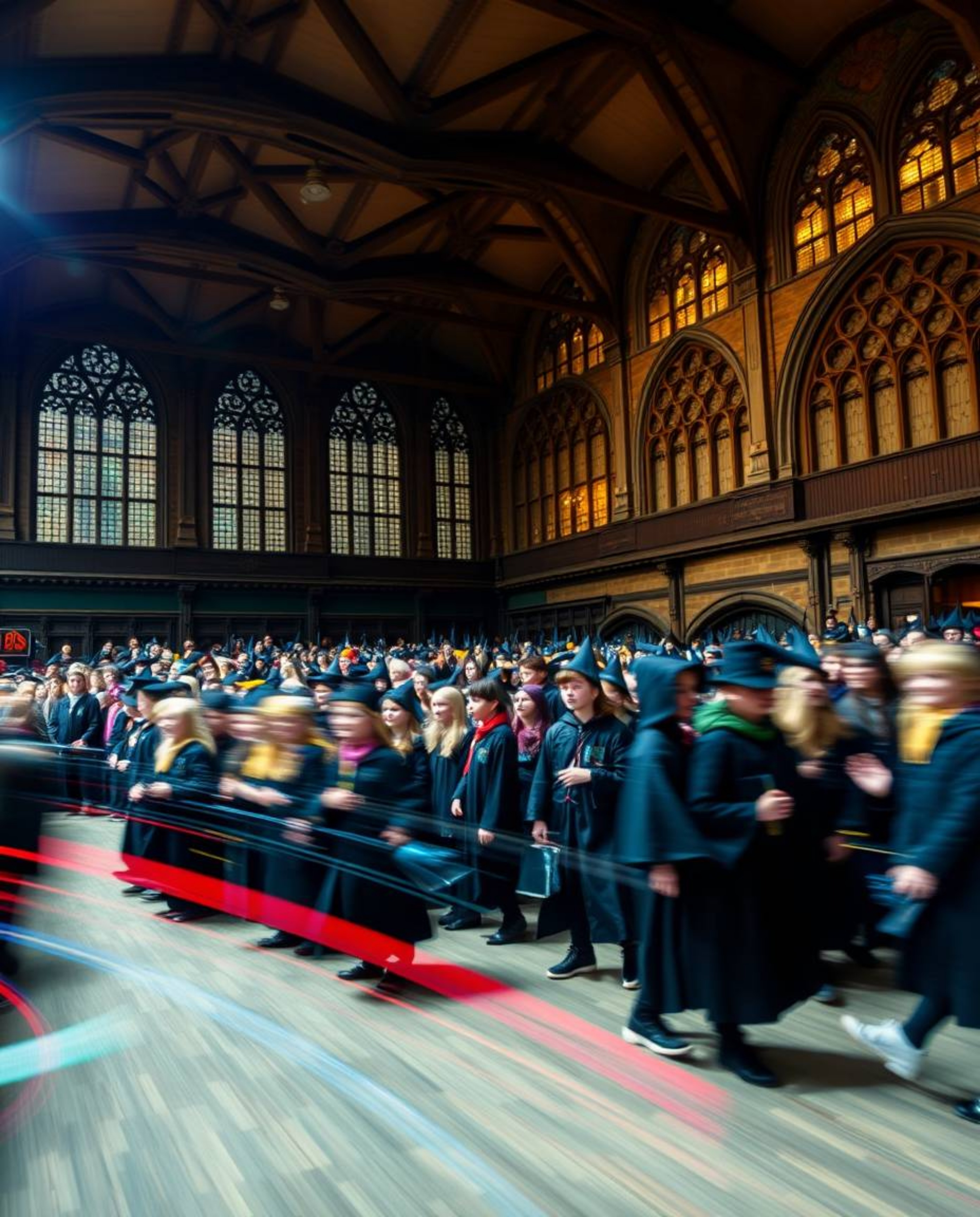 Capture the wonder of a magical school teeming with young wizards in this stunning long exposure photograph. The image is dis