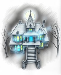 A hand-drawn sketch presents an overhead bird’s-eye view of a fog-covered Victorian mansion bathed in moonlight. Glowing with